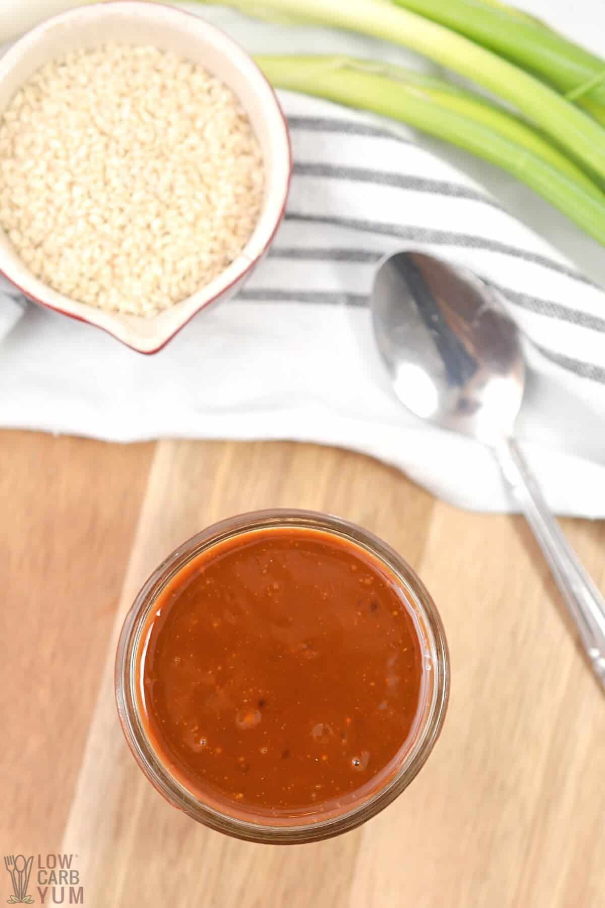 keto hoisin sauce overhead shot in mason jar