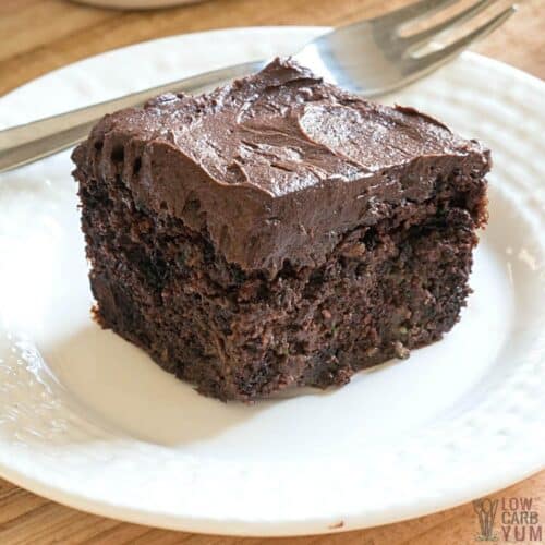keto chocolate cake slice on white plate